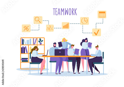 Corporate Business Team People Behind Desk. Flat Characters Office Workers. Teamwork Concept. Coworking Space with Man and Woman with Laptop. Vector illustration