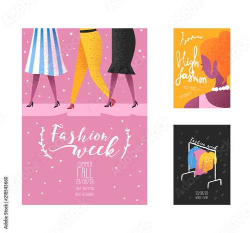 Fashion Week Poster, Banner Template, Placard, Brochure. Fashionable Models, New Clothes Collection, Online Shopping. Vector illustration