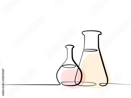 Continuous one line drawing. Chemical lab retorts. Vector illustration