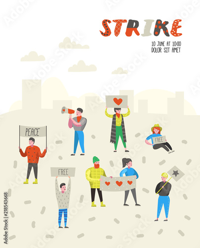 Group of Flat Angry People Protesting at Strike. Characters Picketing Against Something with Banners and Placards. Demonstration  Protest  Picket. Vector illustration