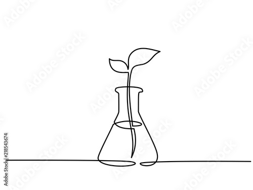Continuous one line drawing. Chemical lab retort with sprout plant. Vector illustration