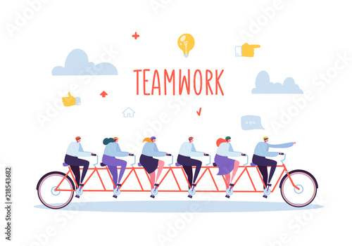Business Team Work and Cooperation Concept. Flat People Characters Riding Six Person Tandem Bicycle. Man and Woman Collective Perfomance. Vector illustration