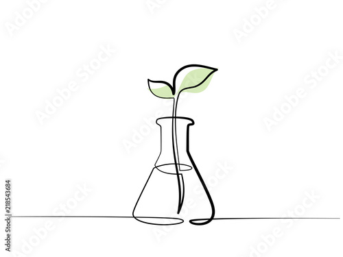 Continuous one line drawing. Chemical lab retort with sprout plant. Vector illustration