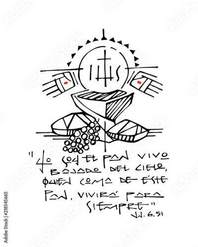 Christian Eucharist Symbols and phrase ink illustration