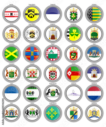 Set of icons. Flags of the Netherlands. Municipalities of the Drenthe province. 3D. Vector. 