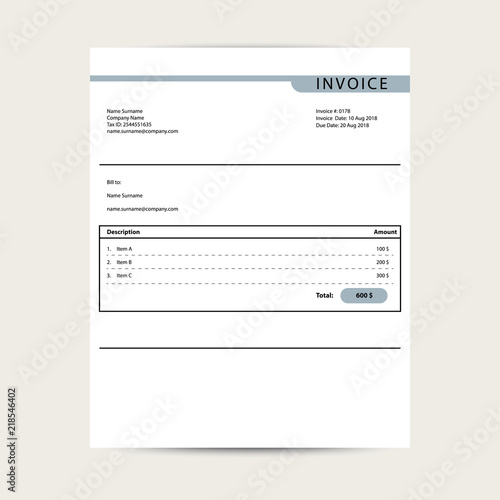 Minimal invoice template vector. Bill finance document sample design.