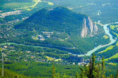 View from mountain top above Bow River in Banff, Alberta, Canada