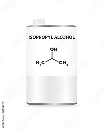 Vector metal liquid container can with isopropyl alcohol or isopropanol. Illustration of a chemical alcohol solvent. On the packaging is the name and formula of chemical substance.