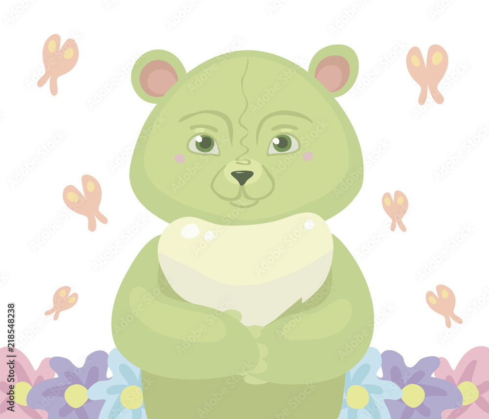 Fototapeta premium Teddy bear cartoon green color stands in the center, around fly a pink butterfly and grow flowers isolated on white background vector illustration.