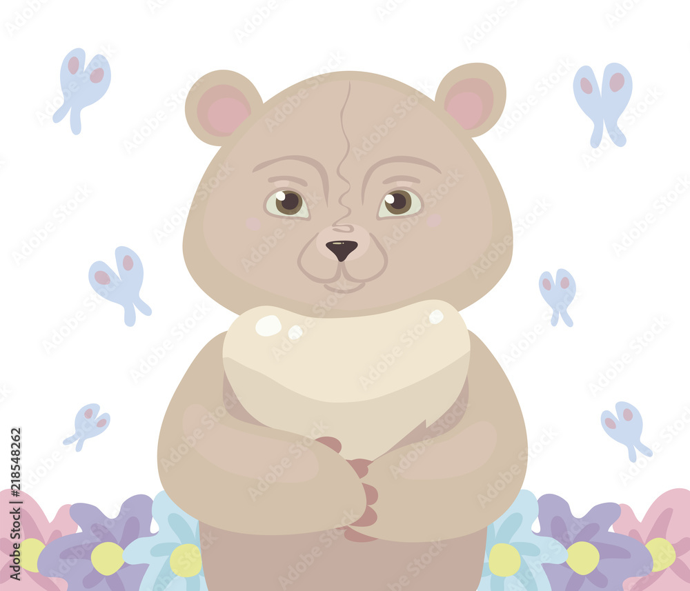 Teddy bear cartoon pink light color stands in the center, around fly a blue butterfly and grow flowers isolated on white background vector illustration.