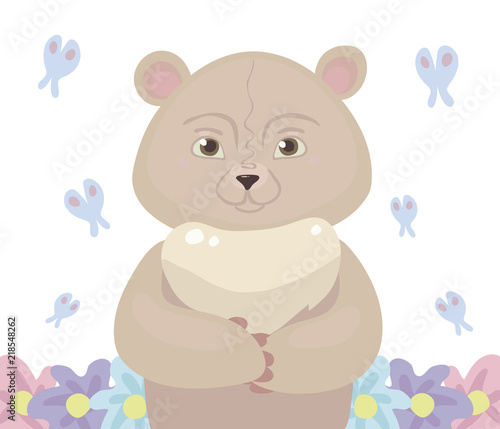 Teddy bear cartoon pink light color stands in the center, around fly a blue butterfly and grow flowers isolated on white background vector illustration.