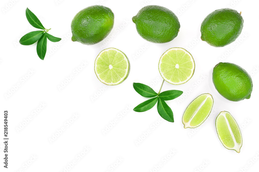 sliced lime vith leaves isolated on white background with copy space for your text. Top view. Flat lay pattern sliced lime vith leaves isolated on white background with copy space for your text. Top view. Flat lay pattern