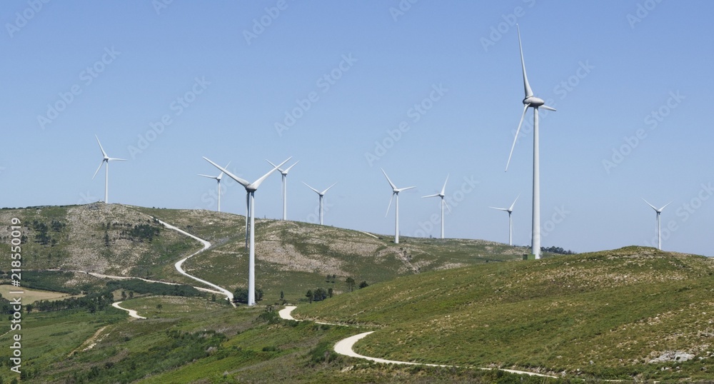 Panorama of wind turbines in the mountains, Portugal Panorama of wind turbines in the mountains, Portugal