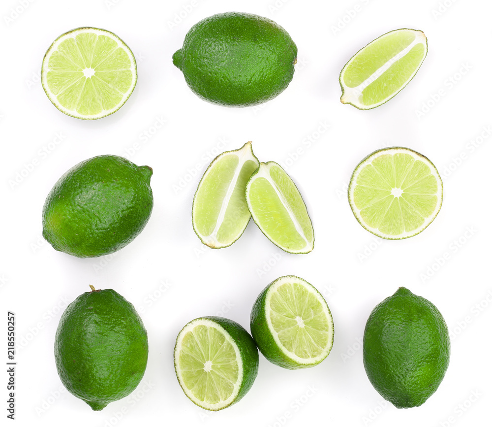 sliced lime isolated on white background. Top view. Flat lay. Set or collection