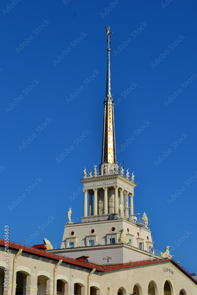 The Spire of a historic building in Sochi Maritime Terminal The Spire of a historic building in Sochi Maritime Terminal