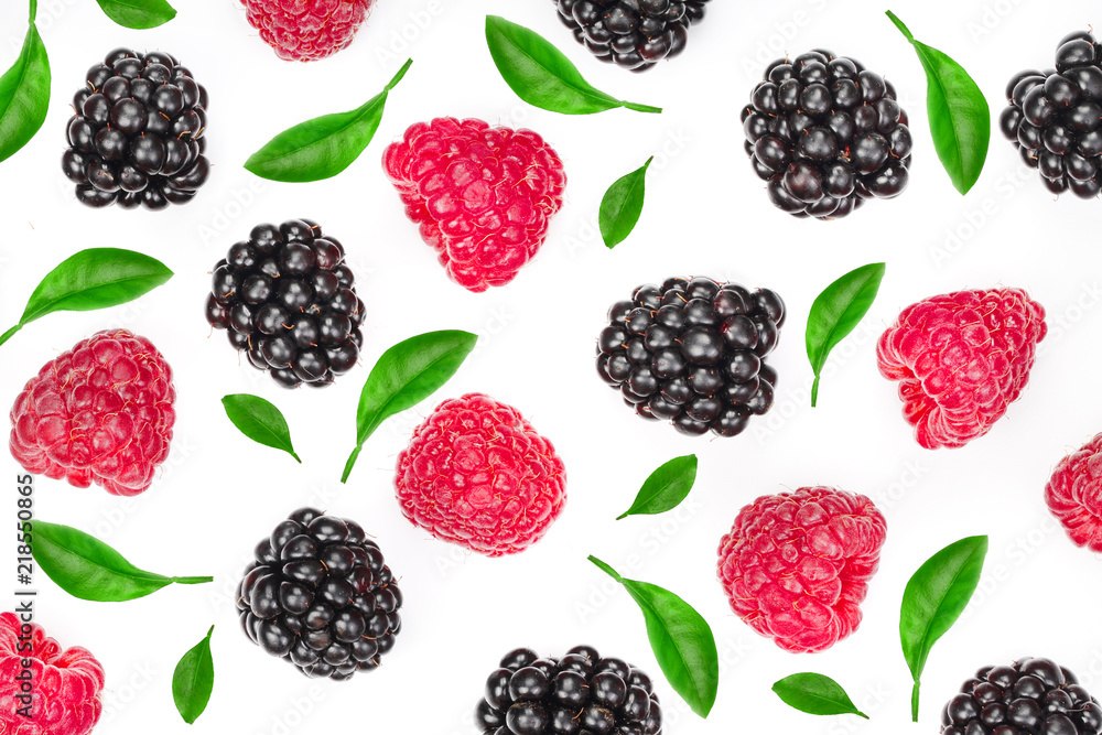 blackberry and raspberry isolated on white background. Top view with copy space for your text. Flat lay pattern blackberry and raspberry isolated on white background. Top view with copy space for your text. Flat lay pattern