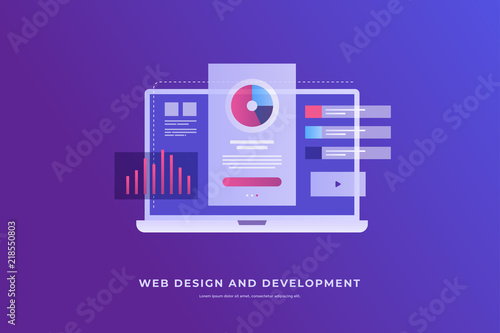 Web design concept. Laptop with interface elements. Digital industry. Innovation and development technologies. Vector flat illustration for web page, presentation.