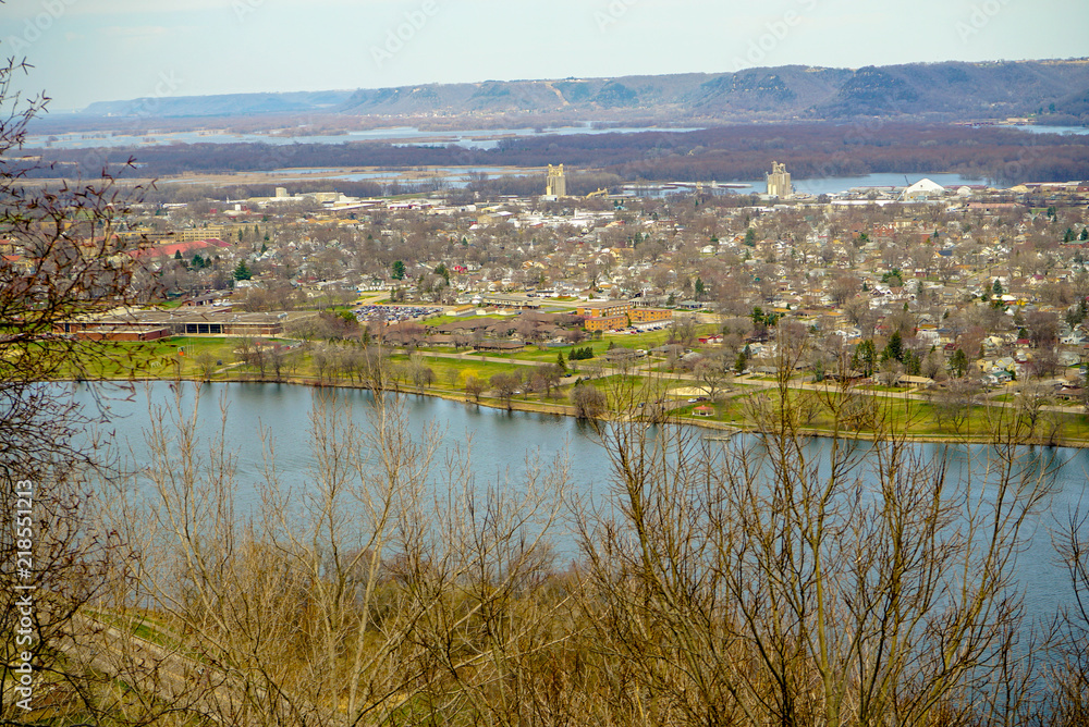 Garvin Heights Park stone overlook with spectacular view of the Mississippi Valley surrounding Winona, Minnesota