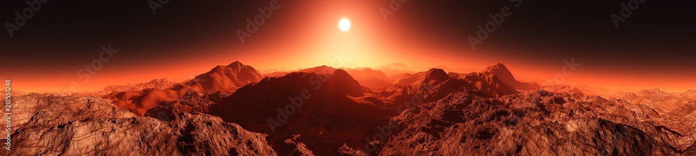 A beautiful Martian landscape at sunrise. Panorama of Mars.
3D rendering
