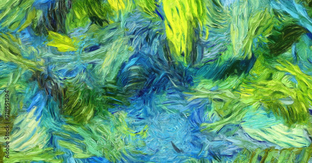 Impressionism wall art print. Vincent Van Gogh style oil painting. Swirl splashes. Surrealism artwork. Abstract artistic background. Real brush strokes on canvas. 