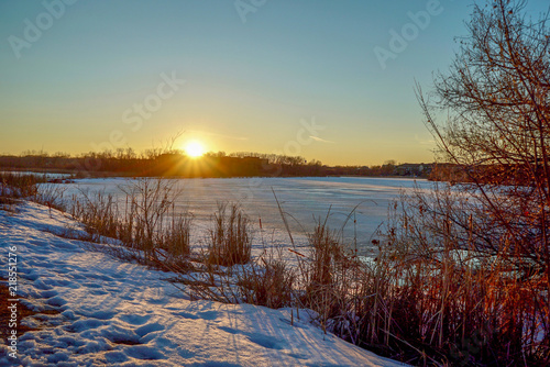 Beautiful winter sunset at Purgatory Creek Park in Eden Prairie, Minnesota