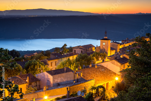View of Aiguines village with charming chateau and church overlooking Lac de Sainte Croix Lake, Var department, Provence, France