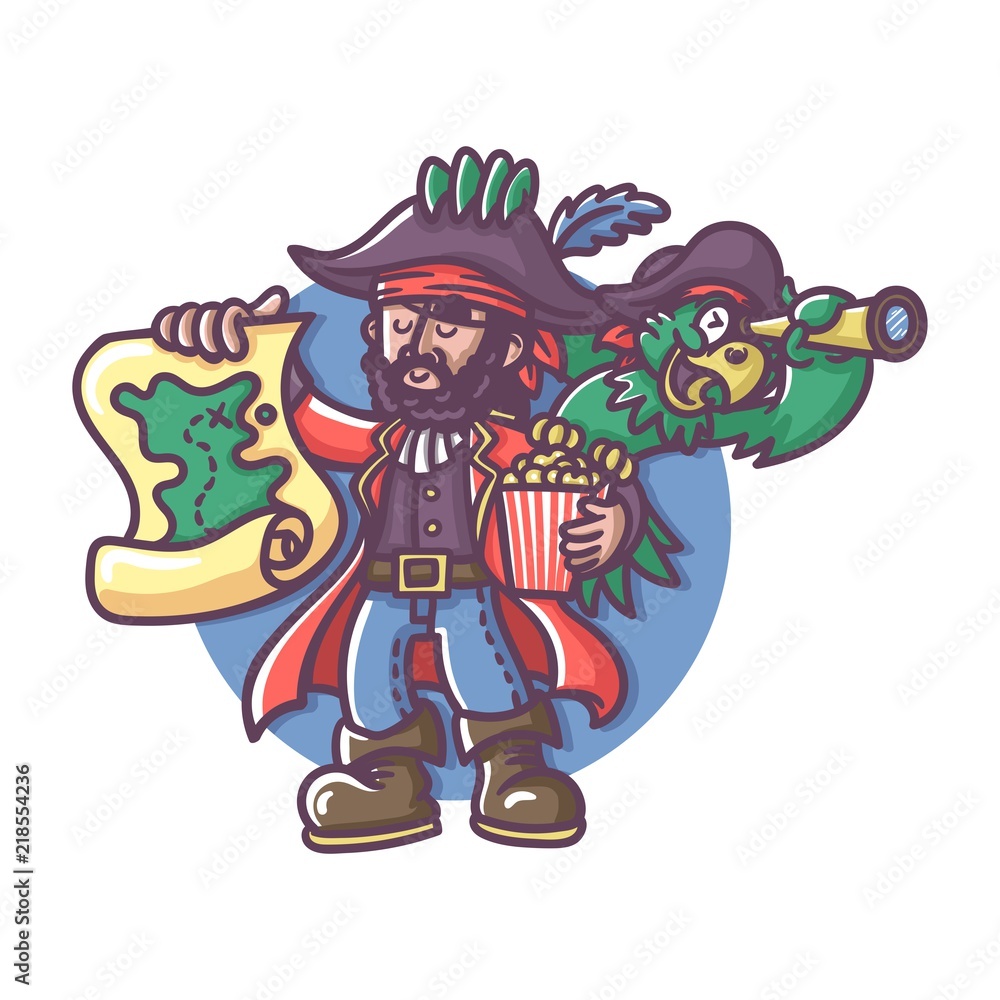 Obraz premium captain pirate holding map with parrot