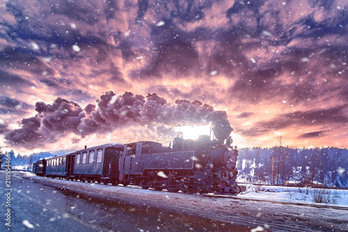 Obraz na płótnie Mocanita,the steam train from Bucovina travel in winter time
