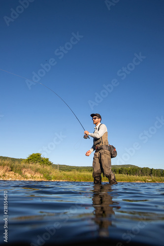 Over underwater shot of a man fly fishing in the summer in a river