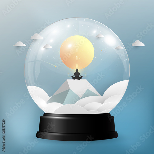 Man body silhouette in yoga lotus asana in the sphere glass background. Vector illustration eps 10.