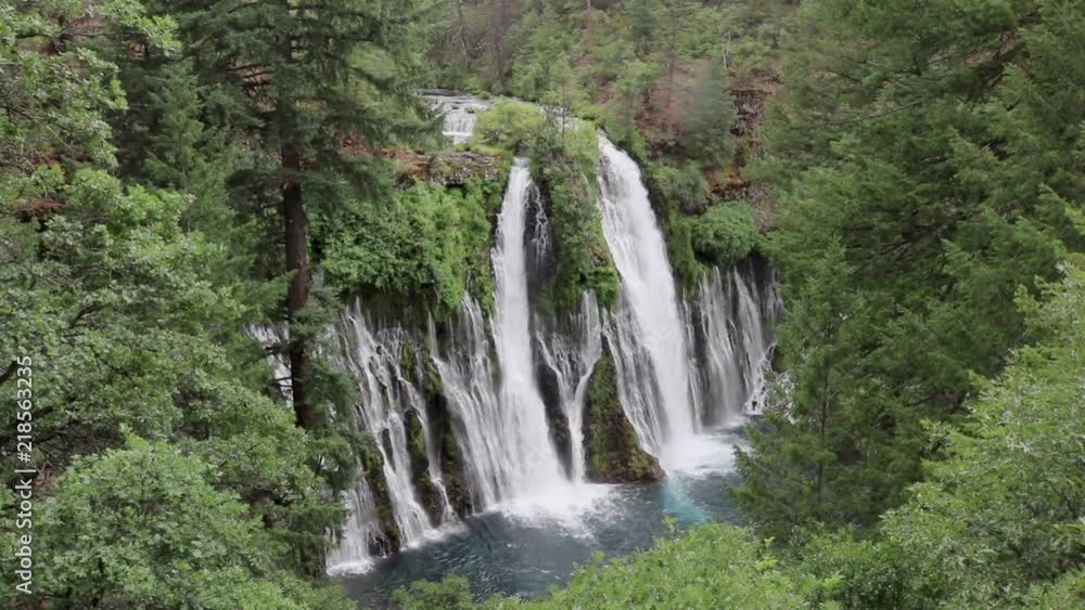 A view from atop of the trees, overlooking the sweeping rapids of the waterfall in McArthur-Burney Falls Memorial State Park A view from atop of the trees, overlooking the sweeping rapids of the waterfall in McArthur-Burney Falls Memorial State Park