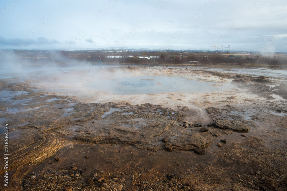 Strokkur fountain geyser at rest is one of the most famous hot springs in Iceland and belongs to the famous Golden Circle. Strokkur fountain geyser at rest is one of the most famous hot springs in Iceland and belongs to the famous Golden Circle.