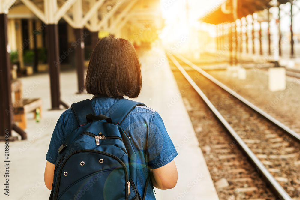 young woman in train station .traveler concept young woman in train station .traveler concept