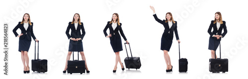 Woman preparing for vacation with suitcase on white