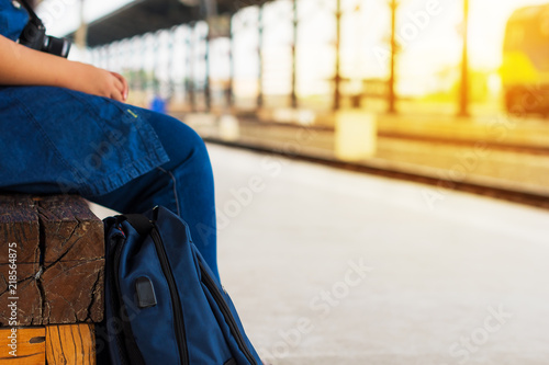 young woman in train station .traveler concept
