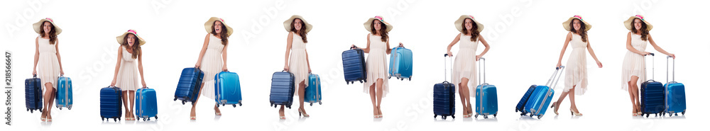 Woman traveller with suitcase isolated on white Woman traveller with suitcase isolated on white