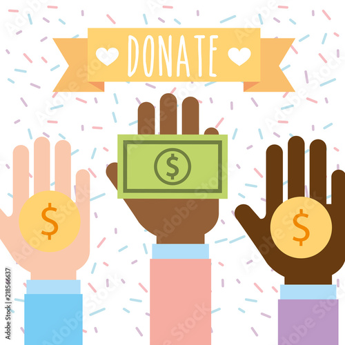 raised hand multiethnic with money donate charity vector illustration