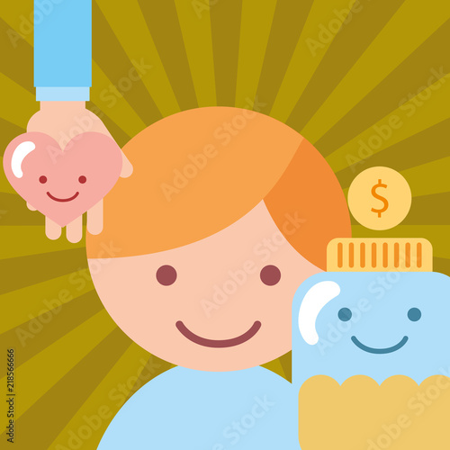 little boy hand with heart jar money coins donate charity vector illustration