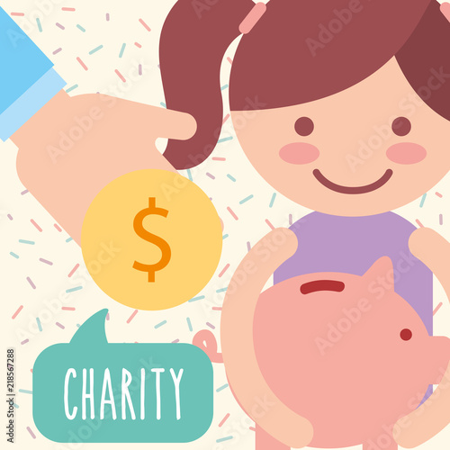 cute girl piggy bank coin donate charity vector illustration