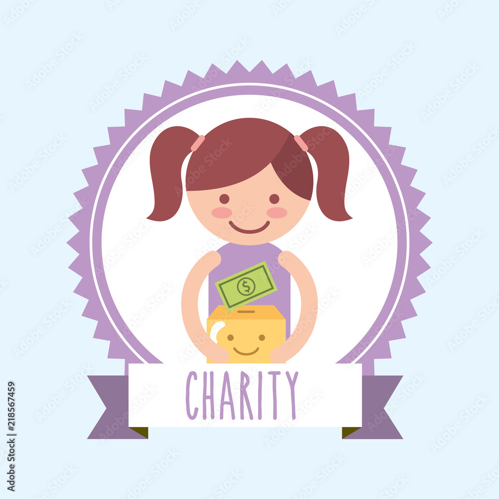little girl with kawaii box money donate charity label vector illustration little girl with kawaii box money donate charity label vector illustration