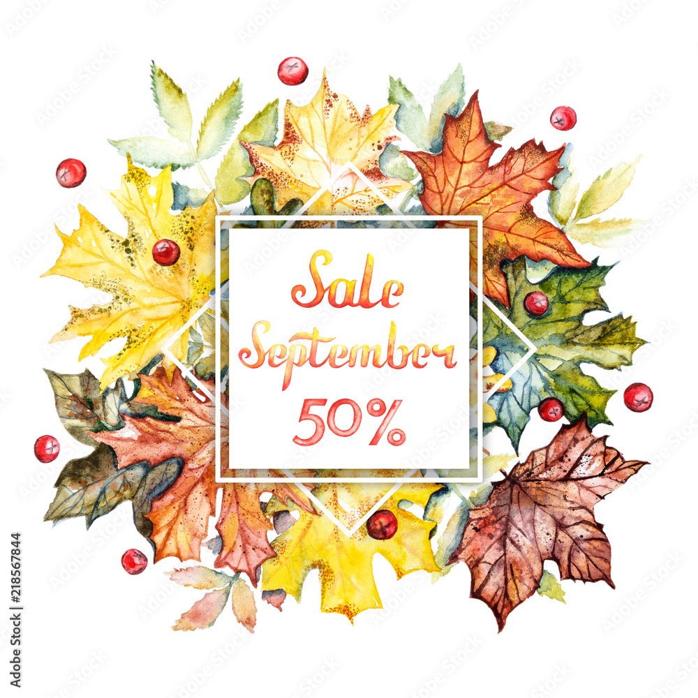 Fototapeta September sale -50% discount banner. Watercolor frame with bright autumn leaves and berries on a white background