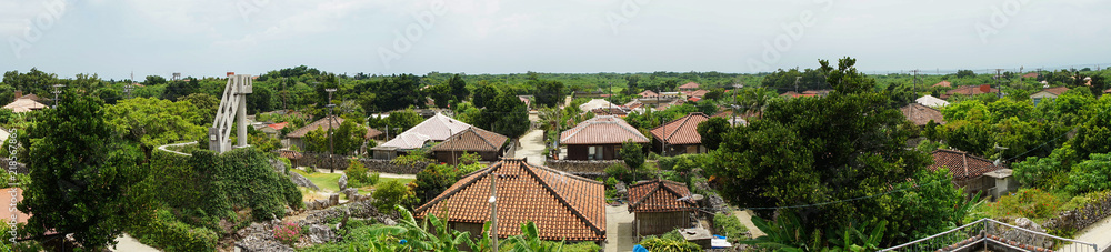Panoramic view of residential area of Taketomi Island in Okinawa, Japan. (竹富島 集落 パノラマ写真)