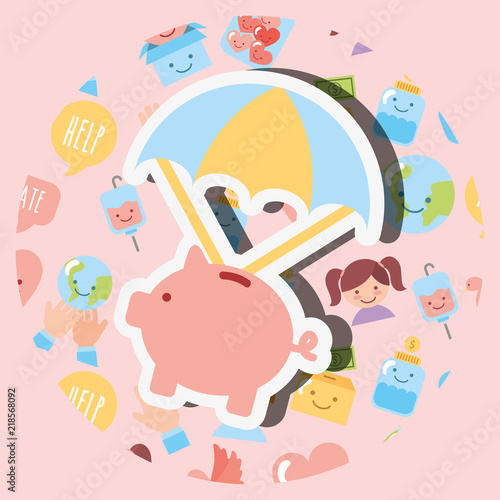 piggy bank with parachute cartoon charity vector illustration