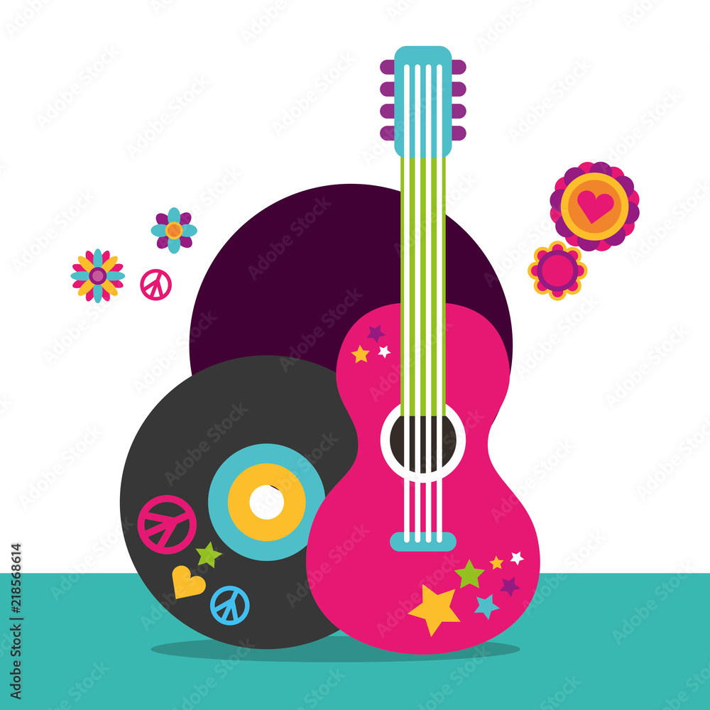 musical guitar and vinyl disc flowers hippie free spirit vector illustration