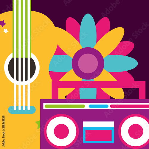 stereo radio guitar and flowers hippie free spirit vector illustration