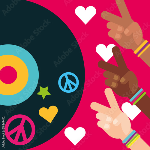 multiracial hands peace and love vinyl disc free spirit vector illustration