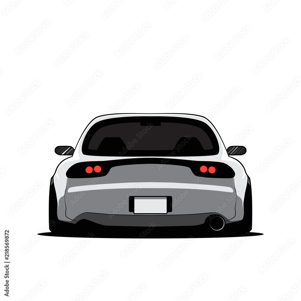 Cartoon japan tuned car isolated. Back view. Vector illustration Cartoon japan tuned car isolated. Back view. Vector illustration