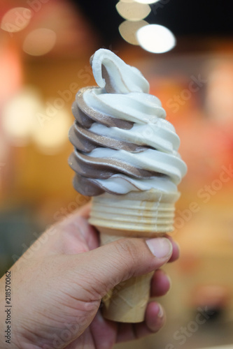 Delicious flavor soft cream , ice cream cone