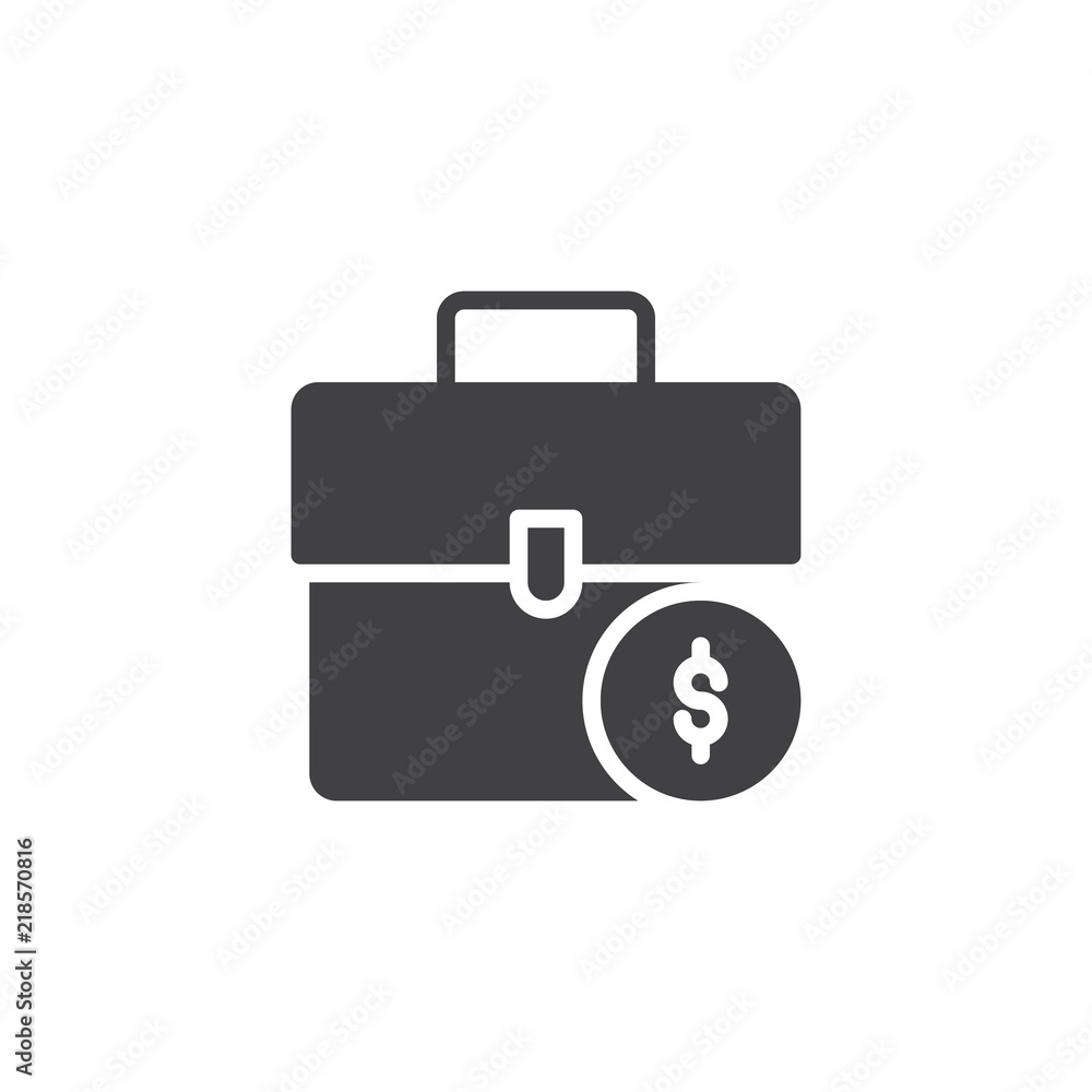 Briefcase and dollar coin vector icon. filled flat sign for mobile concept and web design. Suitcase with Money simple solid icon. Symbol, logo illustration. Pixel perfect vector graphics Briefcase and dollar coin vector icon. filled flat sign for mobile concept and web design. Suitcase with Money simple solid icon. Symbol, logo illustration. Pixel perfect vector graphics