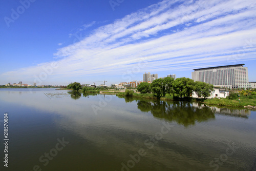 Wide water surface and buildings